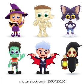 Halloween characters vector set. Halloween character in cute and scary costume of witch, mummy, wolf, zombie, vampire and grim reaper isolated in white background. Vector illustration.