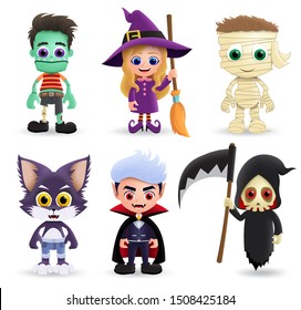 Halloween characters vector set. Halloween character creature of zombie, witch, mummy, wolf, vampire and grim reaper in 3d realistic design isolated in white background. Vector illustration.