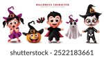 Halloween characters vector set design. Halloween characters like witch, pumpkin, vampire and ghost spooky party mascot costume collection. Vector illustration trick or treat scary cartoon character 
