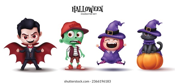 Halloween characters vector set design. Halloween cute cartoon character like vampire, zombie, witch, cat and pumpkin collection. Vector illustration horror kids party mascot collection.
