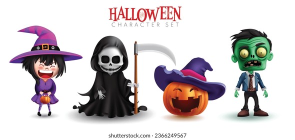 Halloween characters vector set design. Halloween character costume and mascot like witch, grim reaper, pumpkin and zombie isolated in white background. Vector illustration trick or treat party 