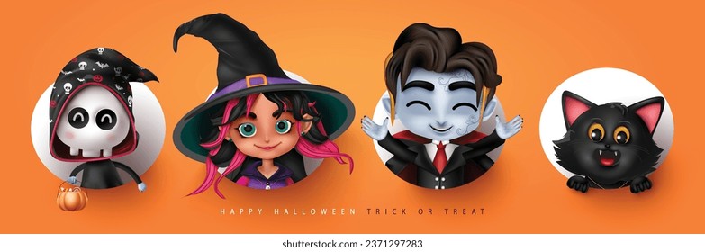 Halloween characters vector set design. Trick or treat character like grim reaper, witch girl, vampire boy and cute mascot and costume collection. Vector illustration halloween character collection.
