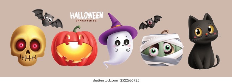 Diseño de conjunto de Vector de personajes de Halloween. Halloween asustador, espeluznante y espeluznante personaje como cráneo, gato o linterna, fantasma, calabaza de momia y Elementos de gatos aislados en un simple fondo de truco o trato. 