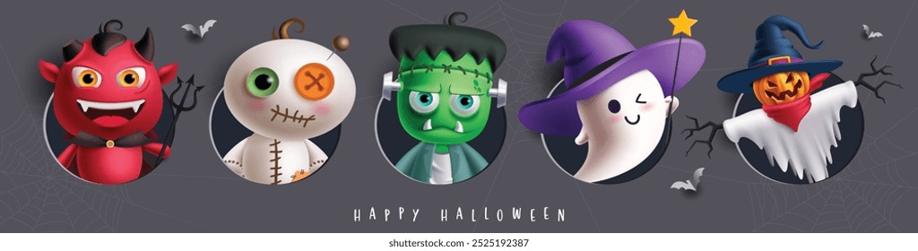 Diseño de conjunto de Vector de personajes de Halloween. Truco o trato de Halloween con demonio de miedo, momia espeluznante, zombie espeluznante, fantasma, monstruo y personajes de espantapájaros colección. Personaje de terror de Ilustración vectorial