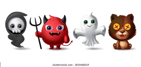 Juego de vectores de caracteres de Halloween. Halloween horror personaje aterrador como pañuelo oscuro, demonio, fantasma y oso aislado en fondo blanco para truco o tratar el diseño de la colección 3d. Ilustración del vector