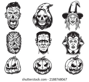 Halloween characters vintage set with  zombie grim reaper witch mummy head Frankenstein vampire and Scary pumpkins vector Illustration