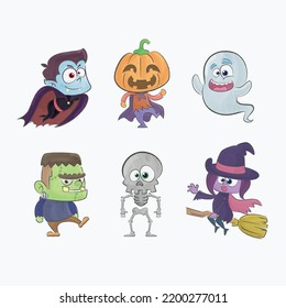 Halloween characters watercolor cartoon hand drawn illustration