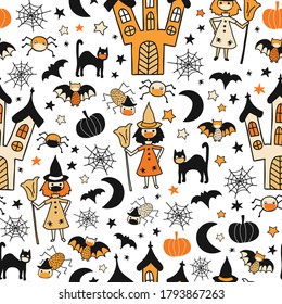 Halloween Characters Wearing Face Masks Seamless Vector Pattern. Coronavirus Halloween 2020 Repeating Background. Hand Drawn Covid-19 Kids Illustration For Fabric, Face Mask, Cards, Party Invitations.