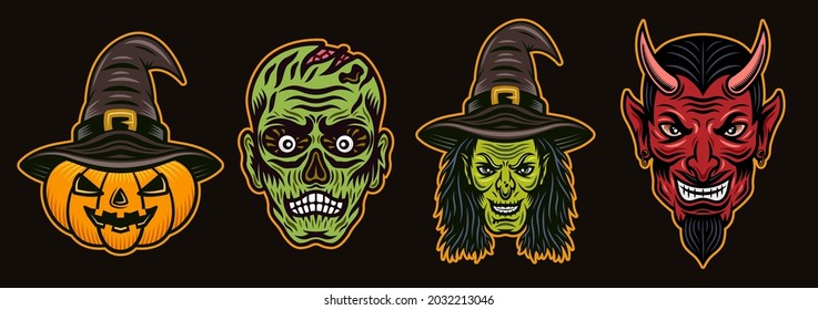 Halloween characters (witch, devil, zombie, pumpkin) set of vector colorful objects or design elements for your design