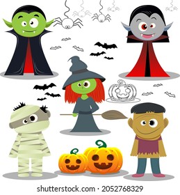 Halloween characters, witch, dracula, spider, bat, pumpkin
