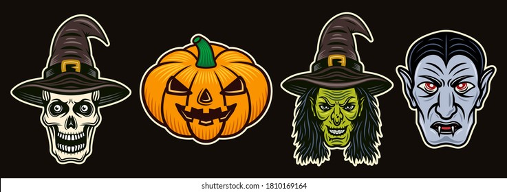 Halloween characters (witch, pumpkin, vampire dracula, skull) set of vector colorful objects or design elements for your design