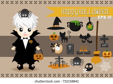 Halloween Character.Vector set of characters for Halloween.Children in vampire costumes for Halloween. Pumpkin, ghost, cat, witches cauldron and other traditional