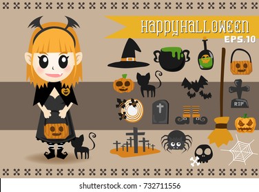 Halloween Character.Vector set of characters for Halloween.Children in vampire costumes for Halloween. Pumpkin, ghost, cat, witches cauldron and other traditional.