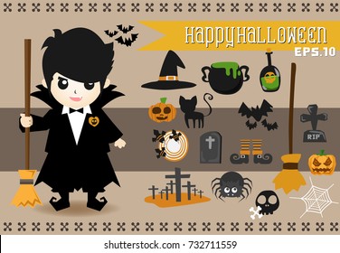 Halloween Character.Vector set of characters for Halloween.Children in vampire costumes for Halloween. Pumpkin, ghost, cat, witches cauldron and other traditional.