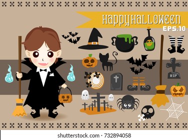 Halloween Character.Vector set of characters for Halloween.Children in vampire costumes for Halloween. Pumpkin, ghost, cat, witches cauldron and other traditional