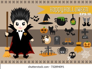 Halloween Character.Vector set of characters for Halloween.Children in vampire costumes for Halloween. Pumpkin, ghost, cat, witches cauldron and other traditional