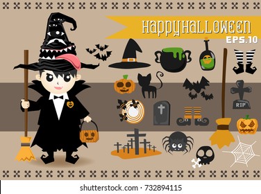 Halloween Character.Vector set of characters for Halloween.Children in vampire costumes for Halloween. Pumpkin, ghost, cat, witches cauldron and other traditional