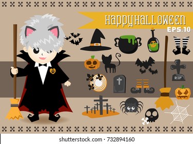 Halloween Character.Vector set of characters for Halloween.Children in vampire costumes for Halloween. Pumpkin, ghost, cat, witches cauldron and other traditional