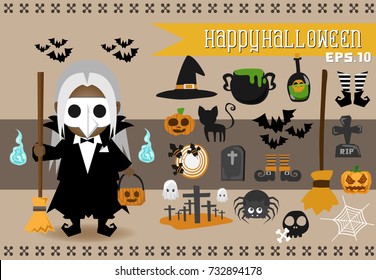 Halloween Character.Vector set of characters for Halloween.Children in vampire costumes for Halloween. Pumpkin, ghost, cat, witches cauldron and other traditional