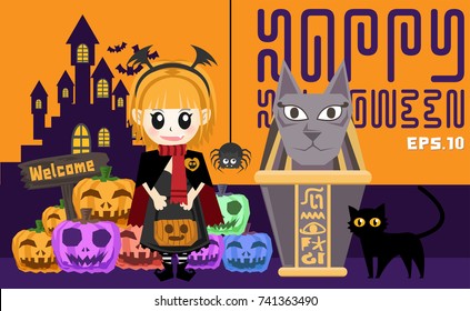 Halloween Character.Vector set of characters for Halloween.Children in vampire costumes for Halloween. Pumpkin, ghost, cat, witches cauldron and other traditional.