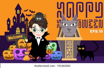 Halloween Character.Vector set of characters for Halloween.Children in vampire costumes for Halloween. Pumpkin, ghost, cat, witches cauldron and other traditional.