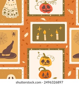 Halloween checked seamless pattern. Bento box All Hallows' Eve repeat background. Carved pumpkins, candles, witch hat and ghost retro stamps endless surface design. Vector hand drawn flat illustration