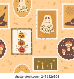 Halloween checked seamless pattern. Bento box All Hallows' Eve repeat background. Fly agaric, pumpkin and ghost with candles retro stamps endless surface design. Vector hand drawn flat illustration.