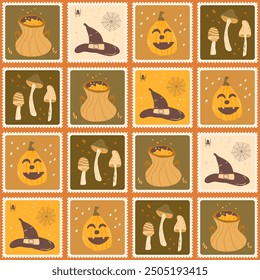 Halloween checked seamless pattern. Bento box All Hallows' Eve repeat background. Wizard cauldron, pumpkin and witch hat retro stamps endless surface design. Vector hand drawn flat illustration.