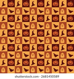 Halloween Checker spielte nahtloses Muster. Hexenhut, Kürbis, Geist und Fledermaus. Geeignet für die Verwendung als Hintergründe, Tapeten, Kleidung usw.