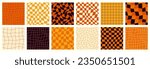 Halloween Checkerboard Seamless Patterns Set. Retro Groovy Grid Background in 1970s Style. Y2K Wavy Print in Orange and Black Colors for Textile, Wrapping Paper, Wallpaper, Web Design and Social Media