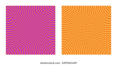 Halloween checkered board banners, posters. Purple, orange and yellow abstract geometric background. Fall aesthetic. Autumn square backdrop.