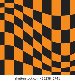 Halloween checkered pattern. Psychedelic black and orange wallpaper. Groovy background. Retro vector illustration in Y2k style.