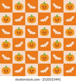 Halloween Checkered Padrão com abóboras e morcegos. Um padrão xadrez de Halloween com Jack O Lanterns sorridente e morcegos assustadores dispostos em uma grade de laranja e creme.