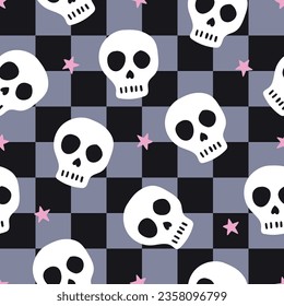 Halloween checkered pattern. Skulls seamless pattern. Skulls background. Retro halloween pattern