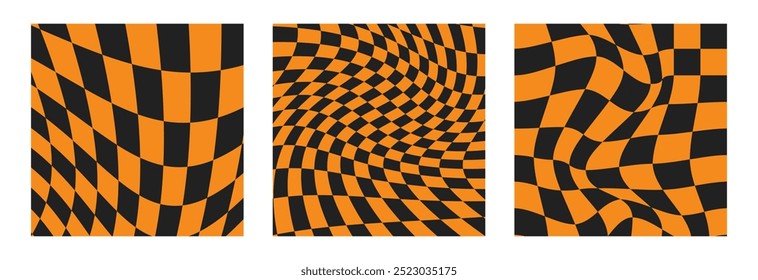 Padrões xadrez de Halloween. Tabuleiro Psicodélico. Planos de fundo laranja Groovy. Fundo hippie. Estética Y2k. Ilustração de vetor retrô. Conjunto de cartões-postais no estilo de desenho animado dos anos 70.