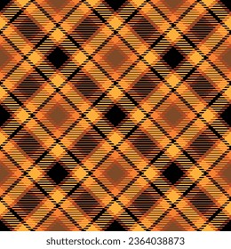 Halloween checkered plaid. Orange, yellow and black textile seamless pattern. Traditional tartan design for autumn. Diagonal check