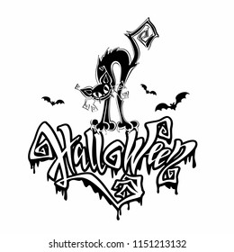 Halloween. Cheerful postcard coloring for the feast of all saints day. Magic lettering with ominous flowing down drops. Funny cartoon black cat monster. Bat. Vector.