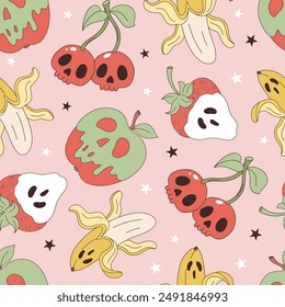 Halloween cherry strawberry avocado banana apple vector seamless pattern. Spooky fruits background.