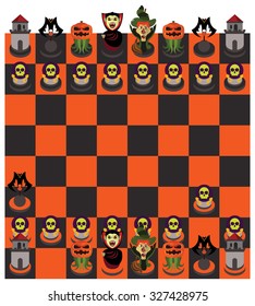 Halloween chessboard or character set of chess pieces. Flat design style. Vector illustration.