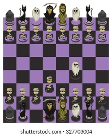 Halloween chessboard and character set of chess pieces. Flat style design. Vector illustration