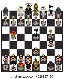 Halloween chessboard and character set of chess pieces. Flat style design. Vector illustration