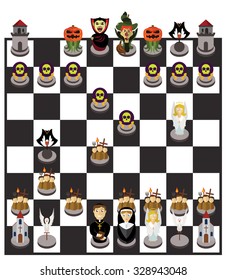 Halloween chessboard or character set of chess pieces. Priest versus Dracula. Flat design style. Vector illustration.