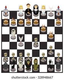 Halloween chessboard and character set of chess pieces. Exorcism. Flat style design. Vector illustration