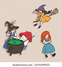 Halloween chibi cute girl cat witch mushroom game vintage line sketch doodle background banner hand drawn vector illustrator element