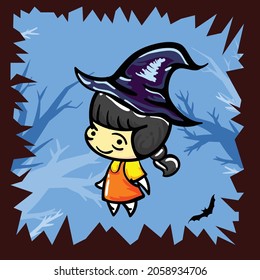 
halloween chibi girl icon with hat logo simple icon design illustration