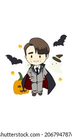 Halloween Chibi Illustration Of A Male Guy Character Wearing Vampire Costume With Bats, Candy, Pumpkin, And Cute Ghosts In The Background PNG