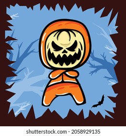 halloween chibi kids with pumpkin mask and orange track suit  logo simple icon design illustration