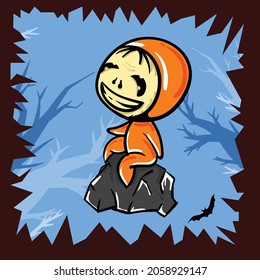 halloween chibi kids with pumpkin mask and orange track suit  logo simple icon design illustration