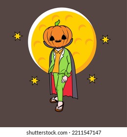 Halloween chibi, pumpkin-headed chibi on moon background