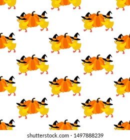 Halloween chicken with pumpkin seamless pattern on the white background. Vector illustration